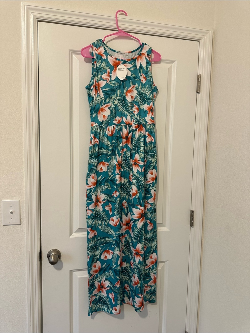 Sleeveless Teal Tropical Maxi Dress with Coral Floral Print
